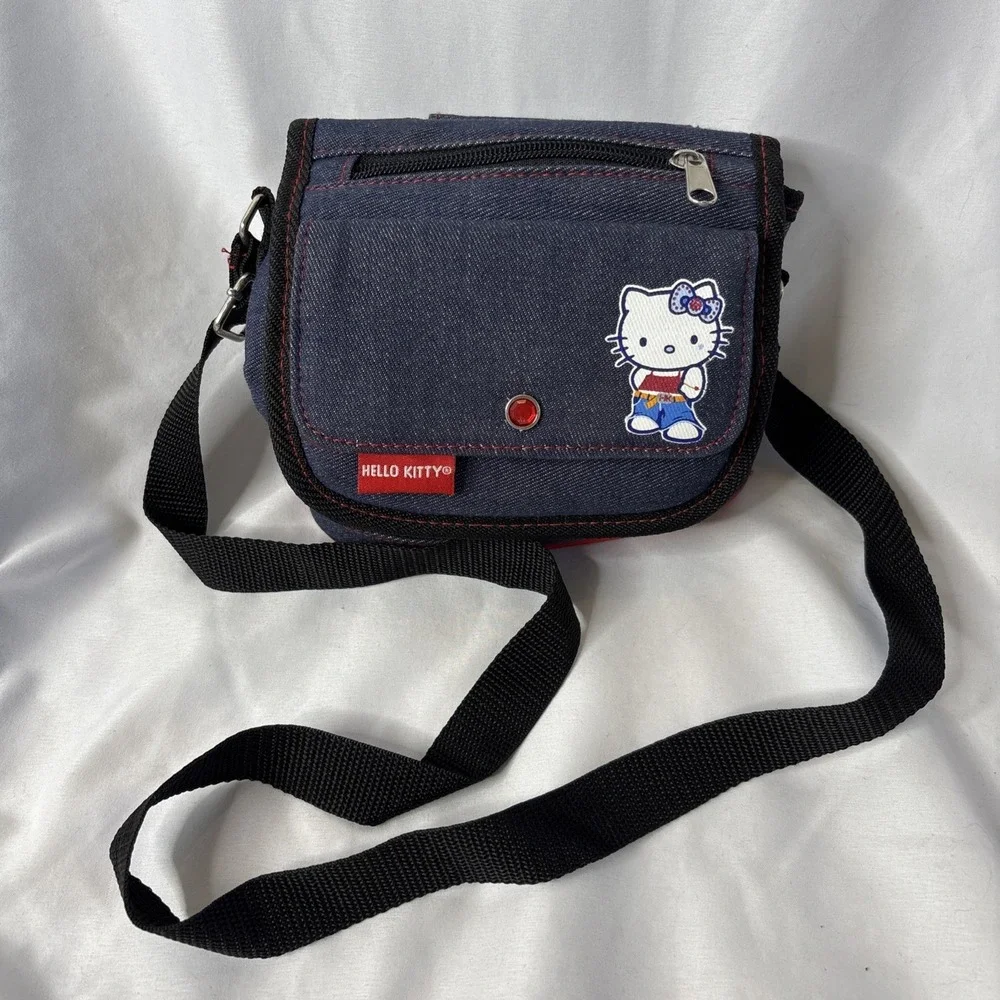 Vtg Y2K 2002 Sanrio Hello‎ Kitty Denim Blue Red Crossbody Bag Purse 7.5x7